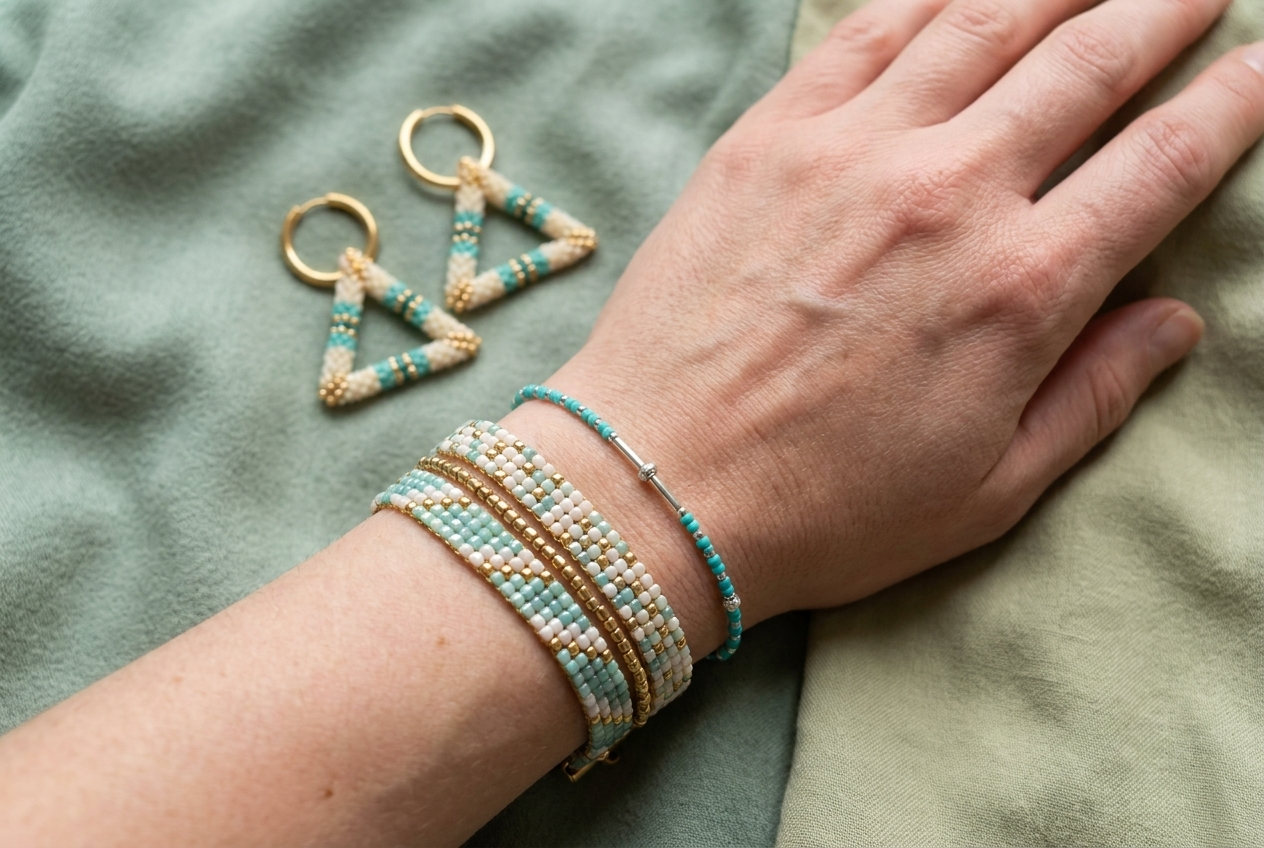 Des mains présentent des bijoux en perles Bisous de Maman.